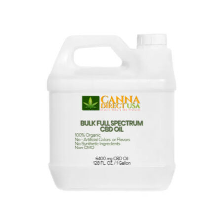 One-gallon jug of CANNA DIRECT USA’s 100% organic, full-spectrum CBD oil, free from artificial colors, flavors, and synthetic ingredients, non-GMO, containing 6400 mg of CBD.