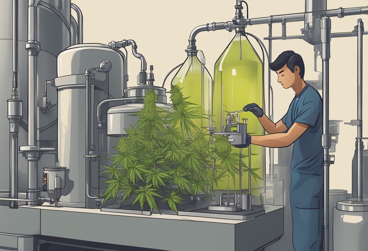 Person working on a cannabis plant in a manufacturing facility.