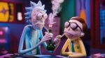 A creatively designed anime-inspired rendition of the popular sci-fi duo, Rick and Morty, smoking a bong. Rick, the eccentric grandfather, is depicted with his signature blue jacket, white hair, and glasses.