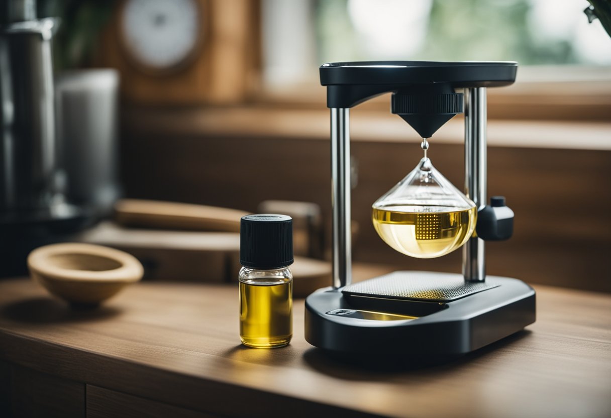 A small scale with a bottle of oil on a table, depicting measurement and cooking essentials.