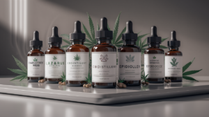 A neatly arranged selection of high-quality CBD oil bottles, including Charlotte's Web, Lazarus Naturals, CBDistillery, and Epidiolex, displayed on a clean surface with hemp leaves and seeds in the background, emphasizing the natural source of the products.