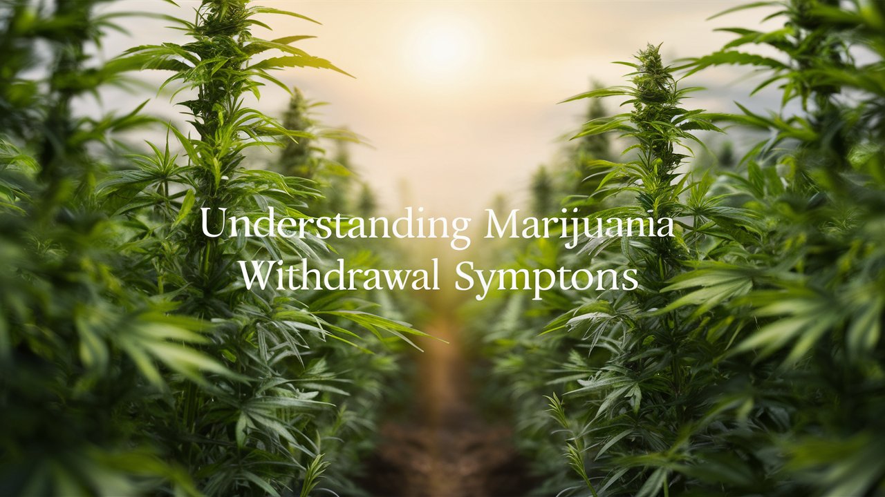 A serene and comforting image of a flourishing cannabis farm, with lush green plants reaching towards the sky. Soft sunlight filters through the leaves, casting a warm and gentle glow on the earth below. The text “Understanding Marijuana Withdrawal Symptoms” is gracefully superimposed in a delicate, soothing font, adding depth and purpose to the scene.