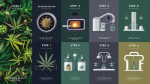 A detailed illustration showing the 8 steps to craft high-quality CBD oil, including selecting hemp strains, decarboxylation, and extraction methods.