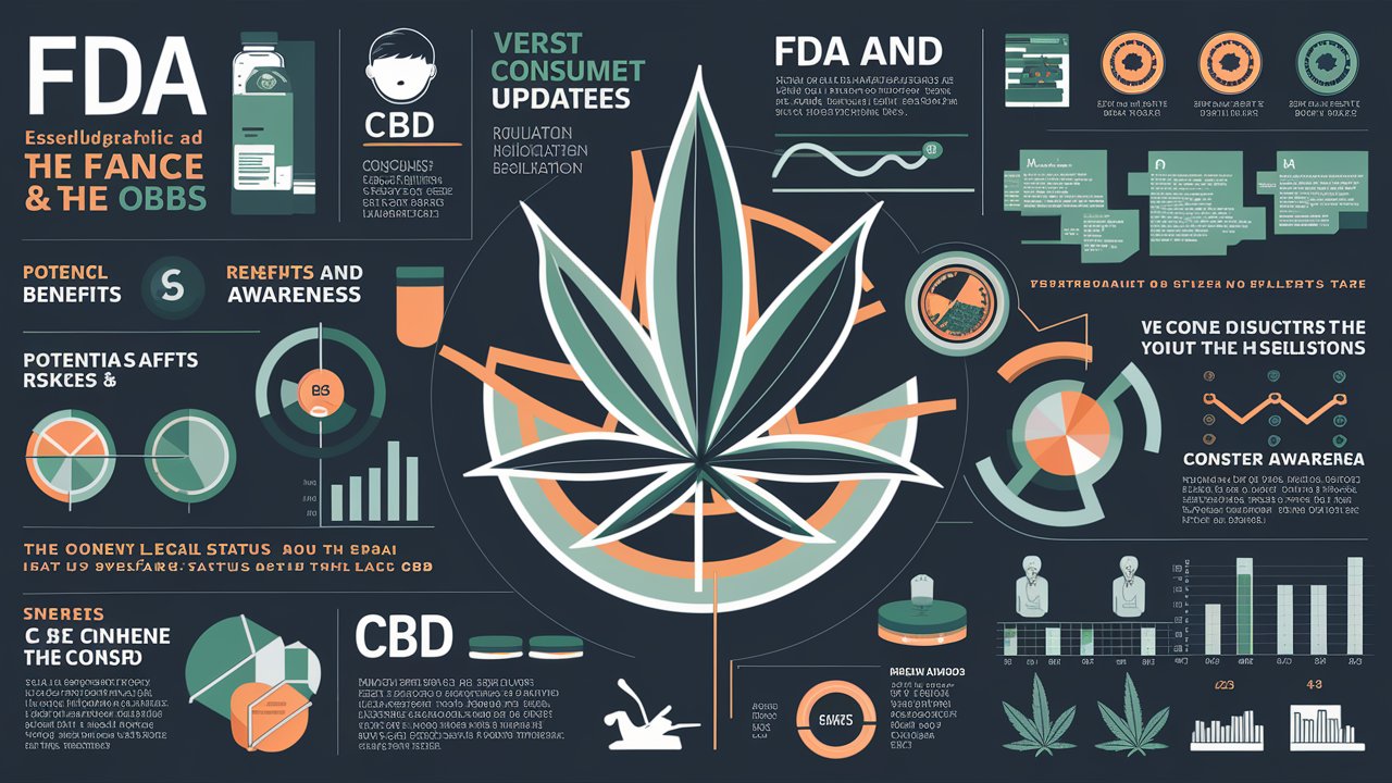 An infographic centered around the topic of CBD (Cannabidiol). It features various elements such as the FDA logo, a depiction of a cannabis leaf, and multiple charts and graphs.