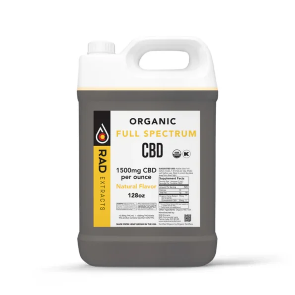 A 128oz container of RAD Extracts' Organic Full Spectrum CBD, featuring 1500mg of CBD per ounce and a natural flavor. The label includes supplement facts and suggested use instructions.