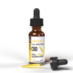 The image shows a bottle of organic full-spectrum CBD oil from a brand called "RAD Extracts." The bottle is dark brown with a black dropper cap. The label is primarily white with yellow and black accents. The label indicates that the product contains 1500 mg of CBD, with 50 mg per serving. The bottle is labeled as natural flavor, and the size is 1 fluid ounce (30 ml). The dropper is shown lying beside the bottle, with a small amount of the golden liquid visible inside. The overall design is clean and professional, emphasizing the organic and natural aspects of the product.