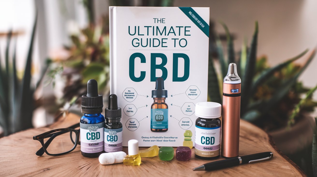 A photo of a book titled "The Ultimate Guide to CBD." The book is placed on a wooden surface. There are various CBD products,including oils, gummies, and a vape pen, arranged next to the book. A pair of glasses and a pen are placed next to the book. The background is blurred and contains plants.