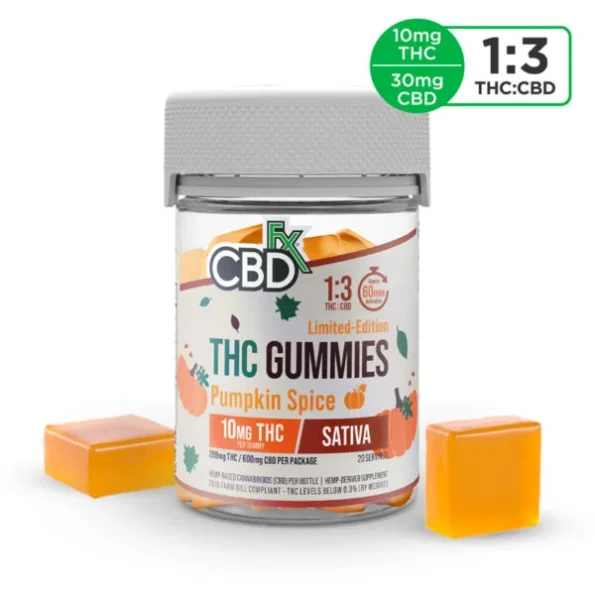 A jar of CBDfx Limited-Edition Pumpkin Spice THC Gummies. Each gummy contains 10mg of THC and 30mg of CBD, making it a 1:3 ratio of THC to CBD. The gummies are sativa-dominant and come in a pumpkin spice flavor.