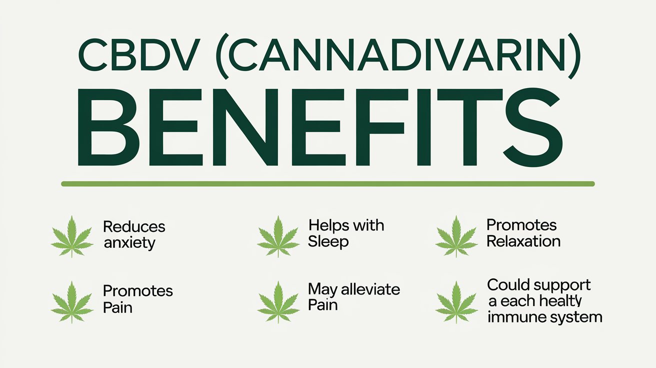 Infographic titled 'CBDV (Cannabidivarin) Benefits' with a green and white design. The graphic lists six potential benefits of CBDV, each paired with a cannabis leaf icon: 'Reduces Anxiety,' 'Promotes Pain' (likely a typo for 'Relieves Pain'), 'Helps with Sleep,' 'May Alleviate Pain,' 'Promotes Relaxation,' and 'Could Support a Healthy Immune System.