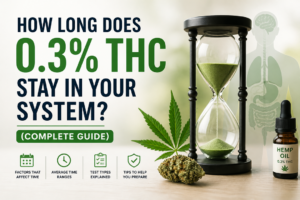 How long does 0.3% THC stay in your system featured image showing bold headline text, hourglass with green sand, cannabis leaf, hemp oil bottle labeled 0.3% THC, and faint human body outline illustrating THC processing over time.