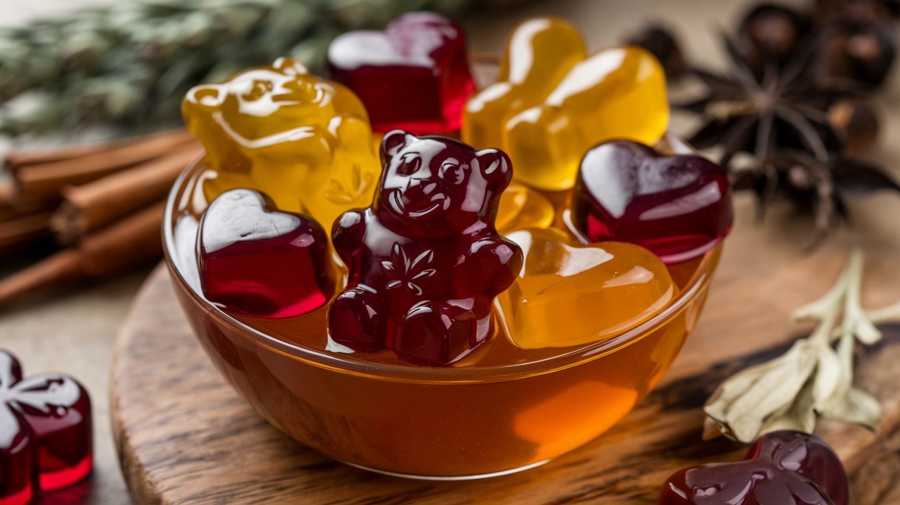 Glass bowl of Apple Cider Vinegar CBD gummies in bear and heart shapes, surrounded by cinnamon sticks, star anise, and dried herbs on a wooden surface.