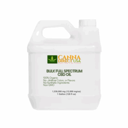 One-gallon jug of CANNA DIRECT USA’s 100% organic, full-spectrum CBD oil, free from artificial colors, flavors, and synthetic ingredients, non-GMO, containing 6400 mg of CBD.