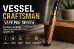Close-up image of the Vessel Craftsman vape pen battery with wood and metal design, highlighting premium craftsmanship and 510 cartridge compatibility.