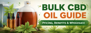 Bulk CBD oil gallon with dropper bottles and hemp leaves representing full-spectrum CBD oil for wholesale and manufacturing use