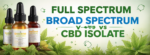 Three CBD oil bottles labeled full spectrum, broad spectrum, and isolate showing differences between CBD extract types