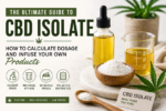 CBD isolate powder and THC-free CBD oil with dropper beside DIY infusion ingredients and dosage guide text for homemade CBD tinctures and topicals.