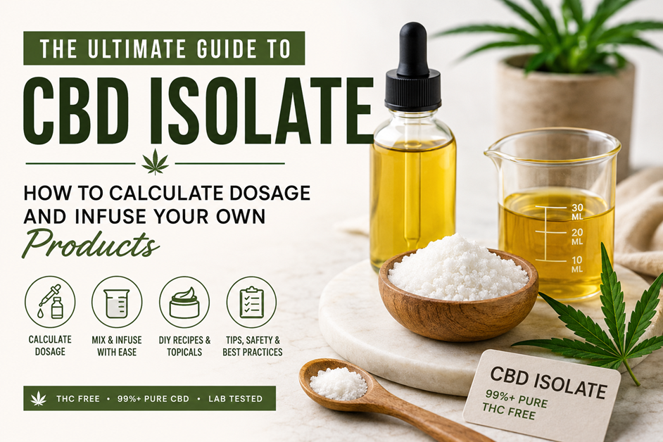 CBD isolate powder and THC-free CBD oil with dropper beside DIY infusion ingredients and dosage guide text for homemade CBD tinctures and topicals.
