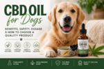 CBD oil for dogs featured image showing a happy Golden Retriever next to a bottle of full-spectrum hemp extract, highlighting CBD benefits for dogs, safety considerations, dosage information, third-party testing, and natural pet wellness support.