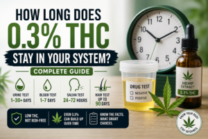 How long does 0.3% THC stay in your system featured image showing bold headline text, hourglass with green sand, cannabis leaf, hemp oil bottle labeled 0.3% THC, and faint human body outline illustrating THC processing over time.