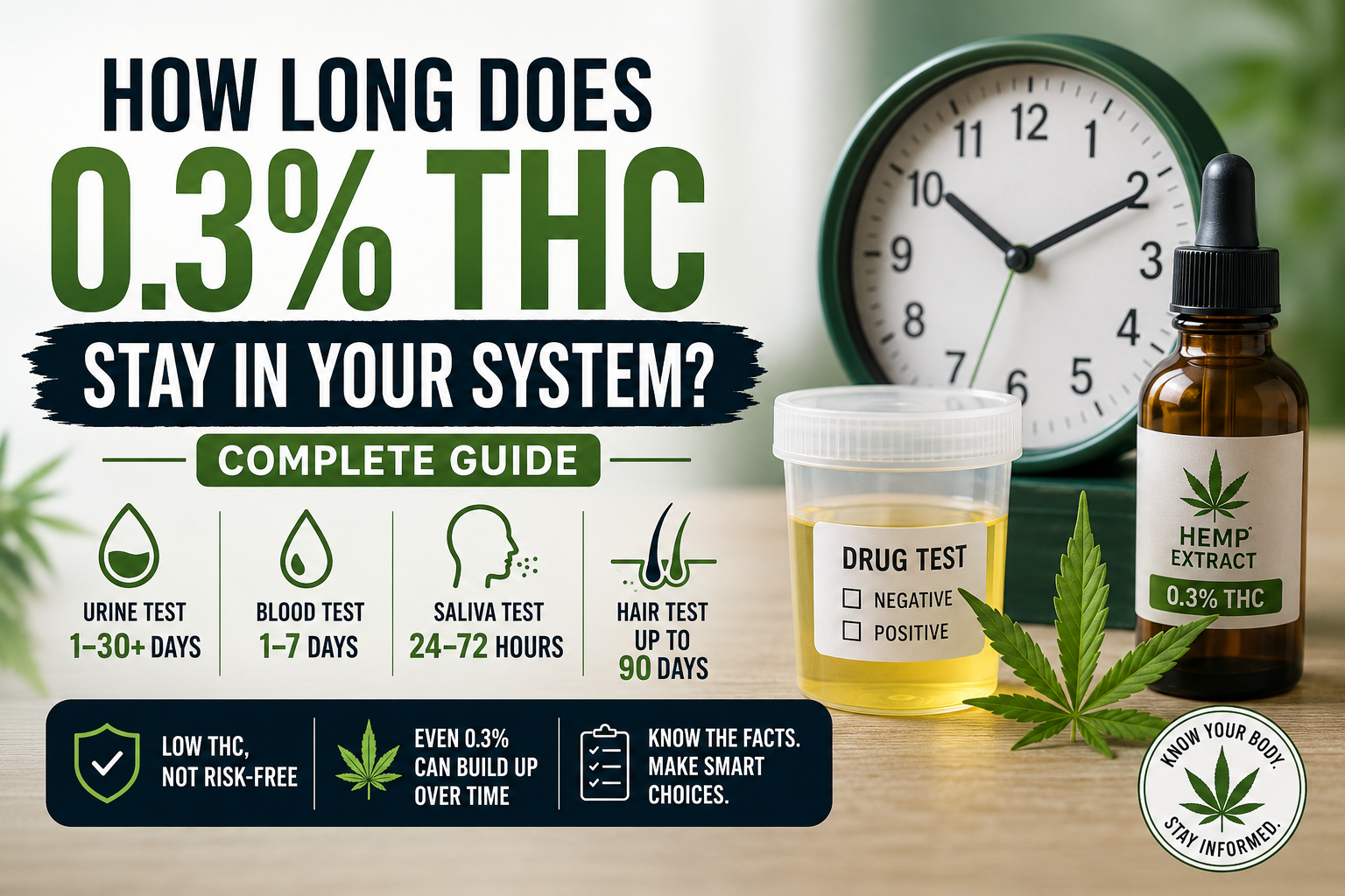 How long does 0.3% THC stay in your system featured image showing bold headline text, hourglass with green sand, cannabis leaf, hemp oil bottle labeled 0.3% THC, and faint human body outline illustrating THC processing over time.