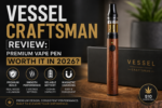 Close-up image of the Vessel Craftsman vape pen battery with wood and metal design, highlighting premium craftsmanship and 510 cartridge compatibility.
