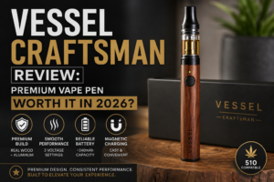 Close-up image of the Vessel Craftsman vape pen battery with wood and metal design, highlighting premium craftsmanship and 510 cartridge compatibility.