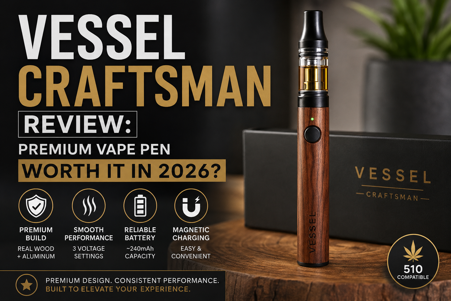 Close-up image of the Vessel Craftsman vape pen battery with wood and metal design, highlighting premium craftsmanship and 510 cartridge compatibility.