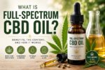 Infographic showing what full-spectrum CBD oil is, with a labeled dropper bottle of CBD oil, hemp leaves, terpene and cannabinoid icons, and educational text explaining benefits, THC content, and how full-spectrum hemp extract works.