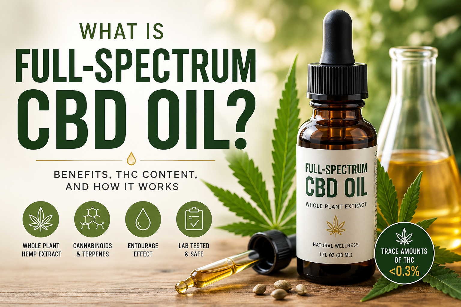 Infographic showing what full-spectrum CBD oil is, with a labeled dropper bottle of CBD oil, hemp leaves, terpene and cannabinoid icons, and educational text explaining benefits, THC content, and how full-spectrum hemp extract works.